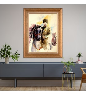 Altın Varaklı Çerçeveli Paspartulu Atatürk Tablo TR1537 (Gold)