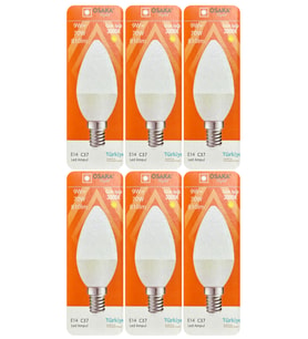 (6 Adet) Osaka 9W (70W) Sarı Işık (3000K) E14 Duylu (İnce Duy) Led Mum Ampul