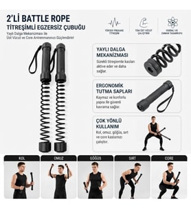 2&amp;apos;li Battle Rope Titreşimli Egzersiz Çubuğu, Yaylı Dalga Mekanizmalı Kol, Omuz, Göğüs, Sırt ve Core Antrenman Aleti (5343)