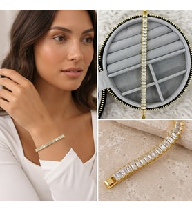 Premium Parlak ve Şık Baget Taşlı Gold Renk 316L Çelik Kadın Bileklik (~20cm)