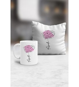 Kişiye Özel Gül ve İsim Yazılı Kupa ve Yastık Hediye Seti Çiçek Desenli (Beyaz)