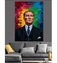 Atatürk Renkli Modern Portre Çalışması Dekoratif Kanvas - Mdf Ahşap Tablo