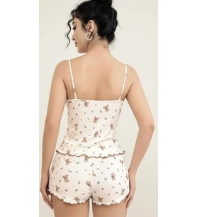 Bicomi Ayıcık Desenli Dantel İşlemeli Askılı Şortlu Pijama Takımı (Krem)