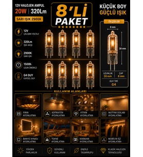 (8 Adet) Osaka 12Volt 20W Sarı Işık G4 Duylu Dim Edilebilir Halojen Kapsül Ampul