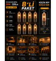 (8 Adet) Osaka 12Volt 20W Sarı Işık G4 Duylu Dim Edilebilir Halojen Kapsül Ampul