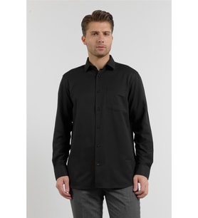 Siyah Sert Yaka Uzun Kol Cepli Comfort Fit Pamuklu Gömlek 1004255285