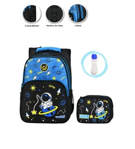 Oltalı Astronot Okul Çantası + Beslenme + Suluk - Uzay Çanta İlkokul Çantası Sırt Çantası (Çok Renkli)