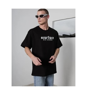 Unisex Bisiklet Yaka Baskılı Oversize T-Shirt - Siyah
