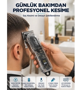 Mey İthalat® Şarjlı Saç Kesme Makinesi 4 Farklı Taraklı LCD Pil Göstergeli USB Şarjlı Profesyonel Erkek Tıraş Makinesi