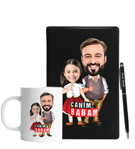 Babalar Gününe Özel Karikatür Siyah Defter Kalem Kupa Seti 130