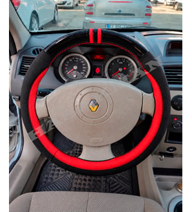 Renault Kangoo 2 Dikme Direksiyon Kılıfı Parlak Siyah Kırmızı Detaylı Kırmızı Çift Yüzük ve Dikiş 2008-2012