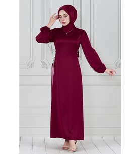 Bağcığı Taş Detaylı Saten Abiye-Bordo