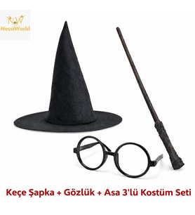 Çocuk Seti (Siyah Keçe Şapka, Asa, Gözlük)