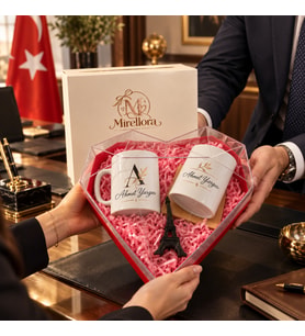 Mirellora Kalp Kutulu Ofis Masa Seti – Kişiye Özel Baskılı Kupa Kalemlik ve Eyfel Figürü