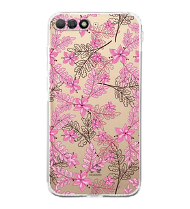 Huawei Y6 2018  Kamera korumalı Kapak Floral Pembe Tasarımlı  Şeffaf Kılıf