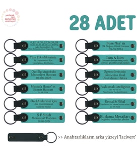 Tiyatro Topluluğu Hatırası, 28'li Set, Kişiye Özgü İsim Yazılı Deri Anahtarlık, Koyu Turkuaz & Laci