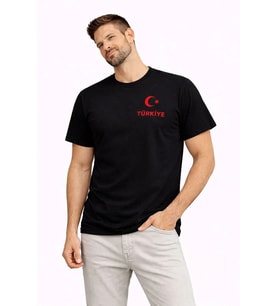 Erkek TÜRKİYE Ay Yıldız Baskılı Taraftar Forma T-Shirt - Siyah