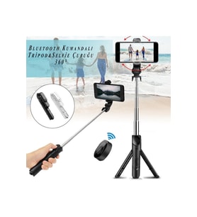 Düz Siyah Bluetooth Kumandalı Tripod Selfie Çubuğu Telefon Tutucu