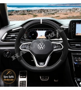 Volkswagen Taigo Dikme Direksiyon Kılıfı Alcantara Süet Mat Karbon Beyaz Yüzük ve Dikiş R-Line 2021-2026