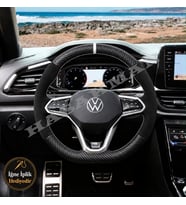 Volkswagen Taigo Dikme Direksiyon Kılıfı Alcantara Süet Mat Karbon Beyaz Yüzük ve Dikiş R-Line 2021-2026
