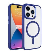 Coverzone iPhone 15 Pro ile uyumlu K?l?f Wireless ?arj �zellikli Metal buton Z-Krom MagSafe ile uyumlu ?effaf Transparan Double Color Silikon Kapak Lacivert