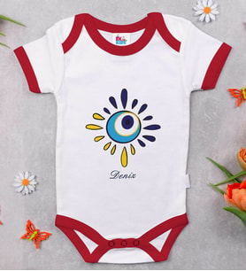 BK Kids Kişiye Özel Nazar Boncuğu Tasarımlı Kırmızı Bebek Body Zıbın-4