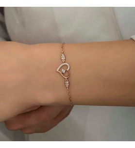 925 Ayar Gümüş Rose Kalpli Tektaş Kadın Bileklik