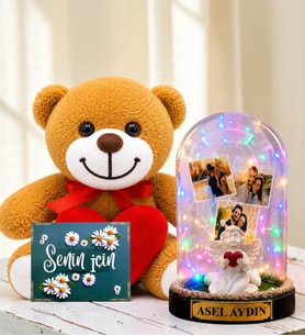 Kişiye Özel 3 Fotoğraflı Yazılı Renkli LED Işıklı Fanus ve Kalpli Peluş Ayıcık (beyaz melek temalı)