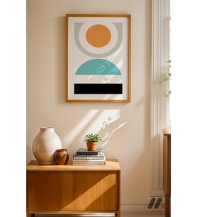 Minimal Geometrik Kompozisyon, Ahşap Çerçeveli Duvar Tablosu - Modern Ev Dekorasyonu