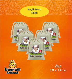 Bayram Harçlık Kesesi 5'li – Baskılı Ham Bez Bayram Kesesi, Çocuklar İçin Bayram Hediyesi  Model-10