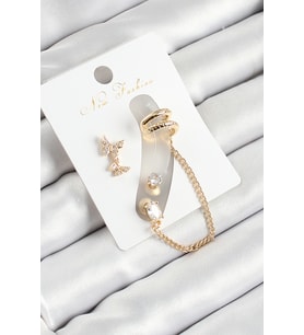 Pirinç Kelebek Figürlü Zirkon Taşlı Gold Renk 3'lü Kıkırdak Kadın Küpe Set (Altın)