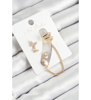 Pirinç Kelebek Figürlü Zirkon Taşlı Gold Renk 3'lü Kıkırdak Kadın Küpe Set (Altın)