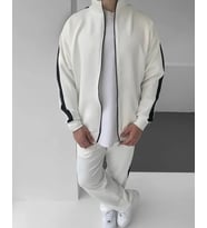 Erkek Scuba Kumaş Oversize Şerit Detaylı Fermuarlı Alt Üst Eşofman Takımı - Beyaz