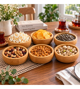 Lüks Bambu Çerez Seti – 6'lı Şık Yuvarlak Çerezlik Kase – 8 cm