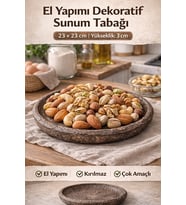 El Yapımı Kırılmaz Dekoratif Sunum Tabağı  Rustik Yuvarlak Meyvelik Çerezlik Servis Tabağı 23 cm (C. Kahverengi)