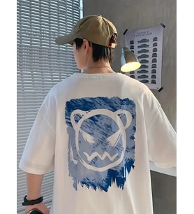 Erkek Tişört Bisiklet Yaka Kore sevimli ayı baskı Kısa Kol T-Shirt - Beyaz