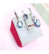 Mistik Topaz Taşlı Oval Kolye Küpe Yüzük Gümüş Set Takım