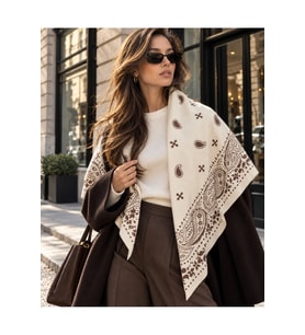 Tarzını Seç Paisley Desen Çift Taraflı Krem Rengi Polar Üçgen Atkı Fular 150x75 cm