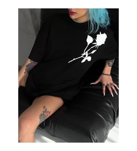 Unisex Bisiklet Yaka Baskılı Oversize T-Shirt - Siyah