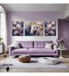 3lü Kanvas Şık Salon Duvar Tablosu Modern Soyut Mor Gold At