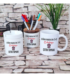 Dünyanın En İyi Onkoloğu Baskılı Onkolog Kalemlik Küllük Kupa Bardak Hediye Seti