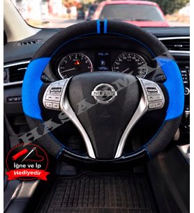 Nissan Pulsar C13 Dikme Direksiyon Kılıfı Delikli Deri Parlak Siyah Mavi Detay Çift Yüzük ve Dikiş 2014-2018