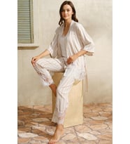 Anıl 5744 Kadın Dokuma Viskon Çizgili Dantelli Sabahlık  Pantolon Pijama 3'lü Takım