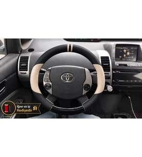 Toyota Prius XW20 Dikme Direksiyon Kılıfı Delikli Deri Parlak Siyah Bej Detay Çift Yüzük ve Dikiş 2003-2009
