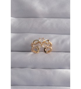 Pirinç Ayarlamalı Gold Renk Zirkon Taşlı 2li Görünüm Fiyonk Yüzük TJ-BYK3287