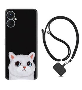 Tecno Spark 9T Kılıf Resimli Boyun Askılı İpli Desenli Silikon Series White Cat 1835