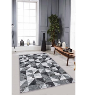 Gri Geometrik Kaymaz Tabanlı Makinede Yıkanabilir Halı PR03 - 100 x 160 cm