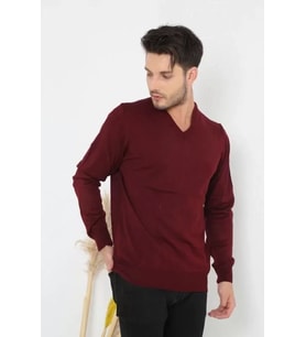 Unisex Uzun Kol V Yaka Triko Kazak - Bordo