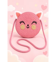 Kız Çocuk Kedi Yumuşak Tüylü Kulak Yuvarlak Hasır Omuz Çantası Hasır Askılı Mini Çapraz Çanta ölç:15*15 cm