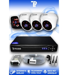 PICAM 4 Kameralı Panda 3 İç Kamera Set HDD'siz Full HD Gece Görüşlü Güvenlik Kamerası Sistemi